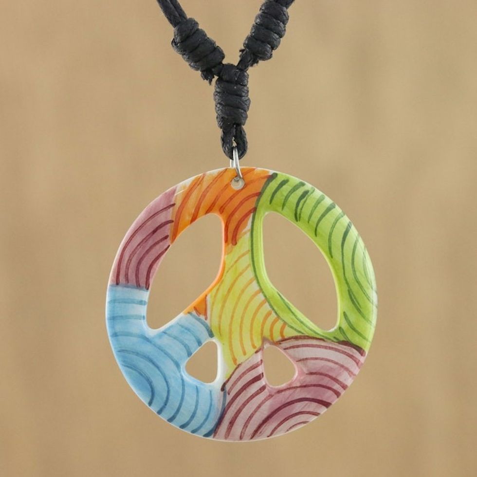 Thai Handcrafted Ceramic Peace Sign Pendant Necklace 'Colorful Peace'