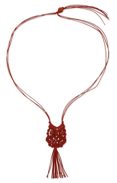 Alternate image for Red Cotton Macrame Owl Necklace Scarlet Owl