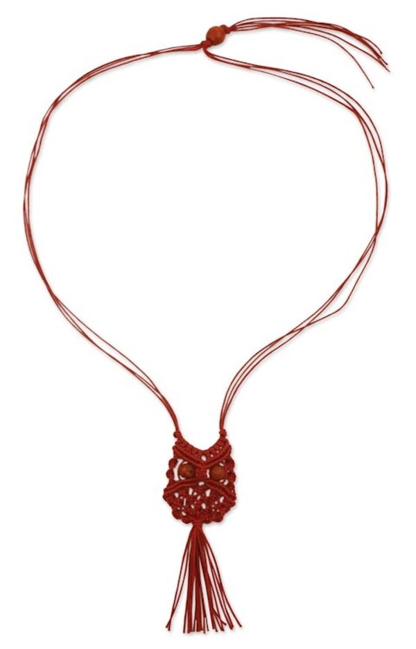 Alternate image for Red Cotton Macrame Owl Necklace Scarlet Owl