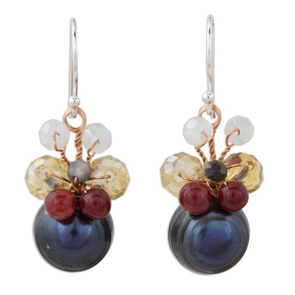 Alternate image for Black Cultured Pearl Dangle Earrings with Butterfly Motif Butterfly Party in Black