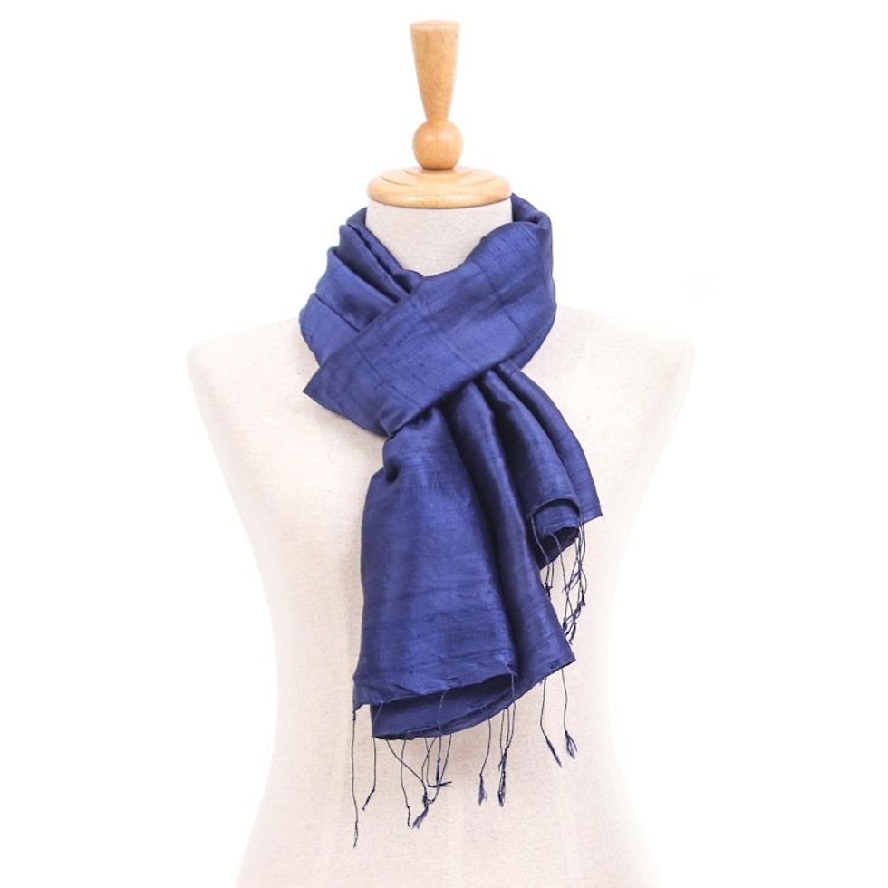 Hand Woven Blue Thai Silk and Rayon Scarf 'Sapphire Night'