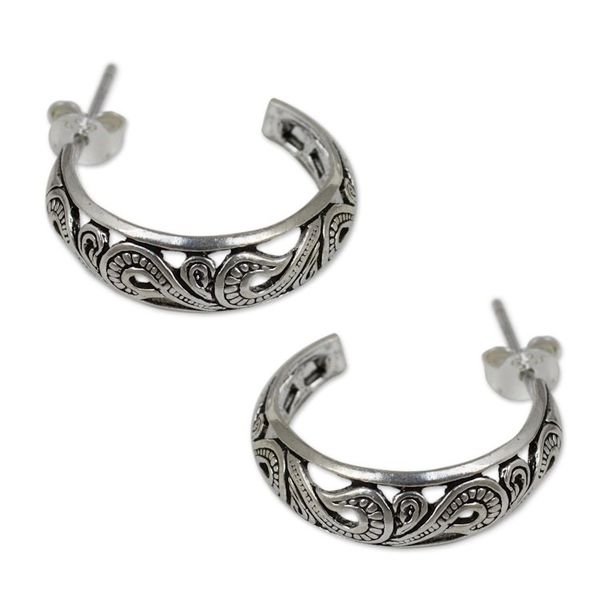 Alternate image for Handmade Sterling Silver Half Hoop Earrings Moon in the Forest