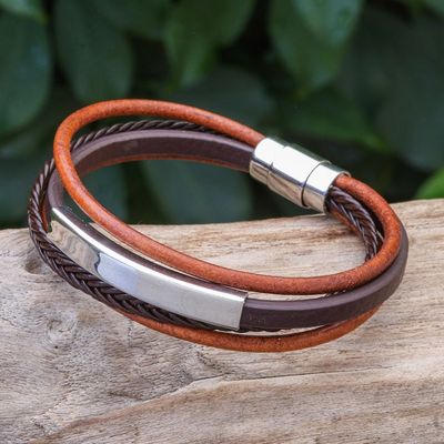 Alternate image for Leather Strand Bracelet in Brown from Thailand Mighty Strength in Brown