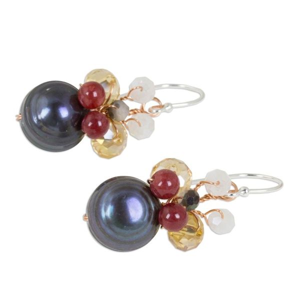 Alternate image for Black Cultured Pearl Dangle Earrings with Butterfly Motif Butterfly Party in Black