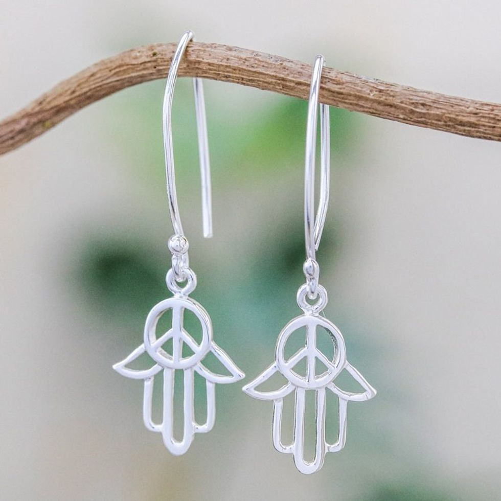 Sterling Silver Hamsa Peace Sign Earrings from Thailand 'Peaceful Hamsa'