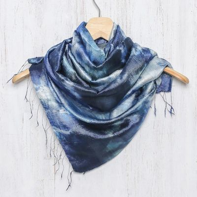 Alternate image for Hand Woven 100 Silk Tie Dye Scarf in Blue from Thailand Moving Skies