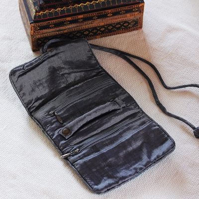 Alternate image for Handwoven Silk and Rayon Jewelry Roll from Thailand Happy Travels in Black