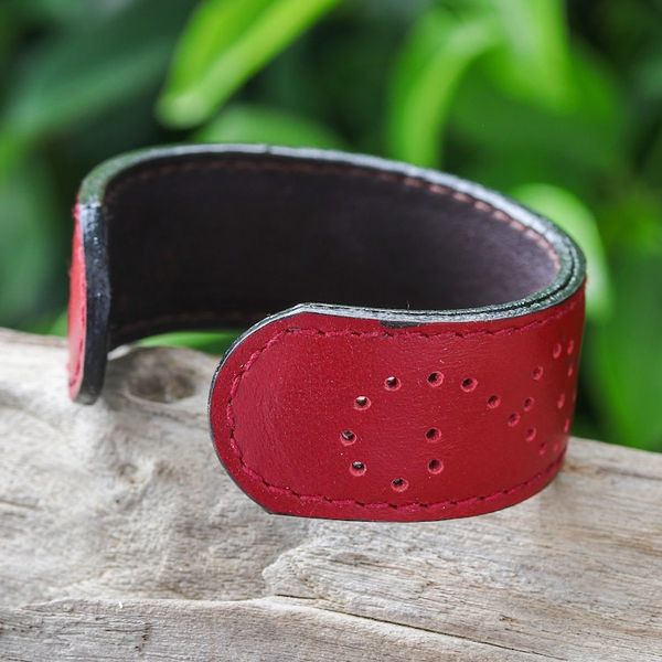 Alternate image for Red Leather Cuff Bracelet with Dots Made in Thailand Dotted Red