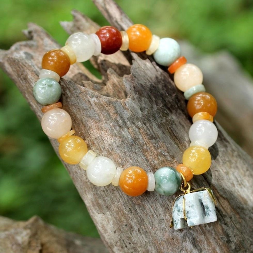 Beaded Jade and Quartz Bracelet with Elephant Charm 'Elephant Remembrance'