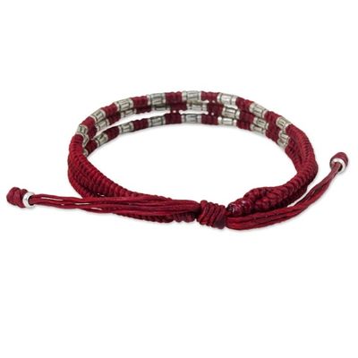 Alternate image for 950 Silver Accent Wristband Braided Bracelet from Thailand Forest Thicket in Red