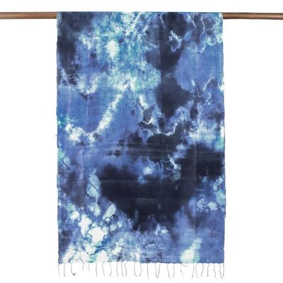 Alternate image for Hand Woven 100 Silk Tie Dye Scarf in Blue from Thailand Moving Skies