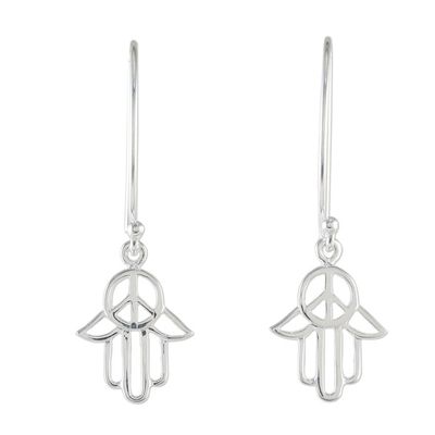 Alternate image for Sterling Silver Hamsa Peace Sign Earrings from Thailand Peaceful Hamsa