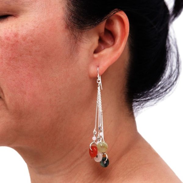 Alternate image for Multicolored Quartz and Jade Waterfall Earrings Earthy Blend