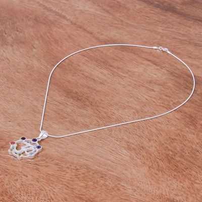 Alternate image for Multi-Gemstone Chakra Om Sterling Silver Pendant Necklace Lucky Om