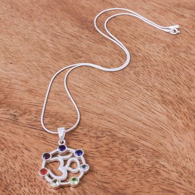 Alternate image for Multi-Gemstone Chakra Om Sterling Silver Pendant Necklace Lucky Om