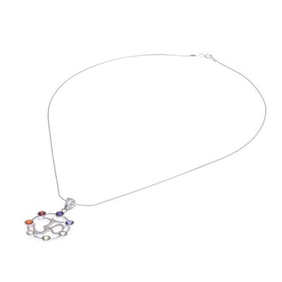 Alternate image for Multi-Gemstone Chakra Om Sterling Silver Pendant Necklace Lucky Om