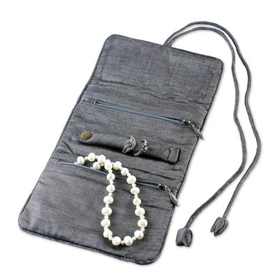 Alternate image for Handwoven Silk and Rayon Jewelry Roll from Thailand Happy Travels in Black