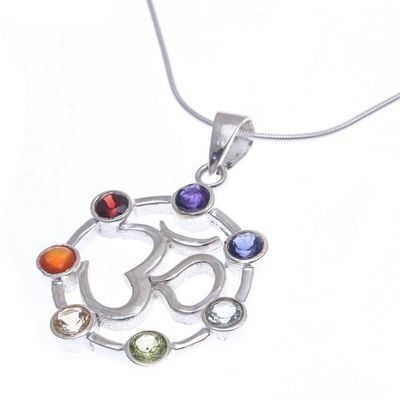 Alternate image for Multi-Gemstone Chakra Om Sterling Silver Pendant Necklace Lucky Om