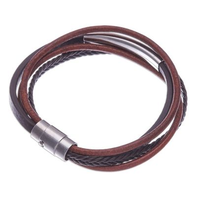 Alternate image for Leather Strand Bracelet in Brown from Thailand Mighty Strength in Brown