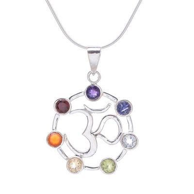 Alternate image for Multi-Gemstone Chakra Om Sterling Silver Pendant Necklace Lucky Om