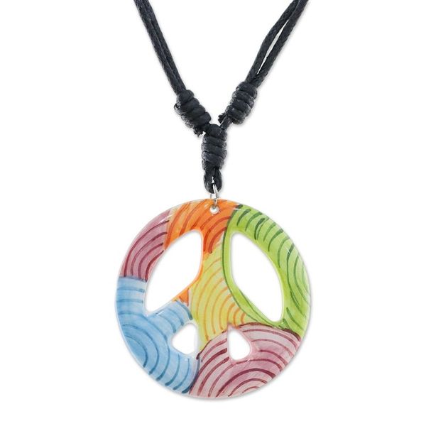 Alternate image for Thai Handcrafted Ceramic Peace Sign Pendant Necklace Colorful Peace