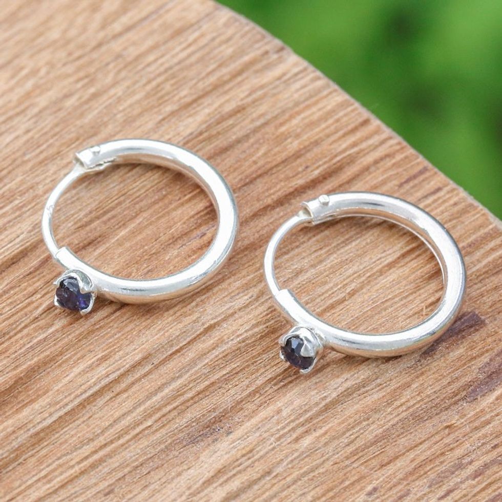 Polished Sterling Silver Hoop Earrings with Sapphire Gems 'The Eternal Prophecy'