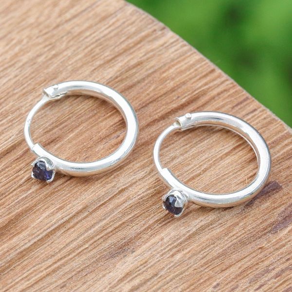 Alternate image for Polished Sterling Silver Hoop Earrings with Sapphire Gems The Eternal Prophecy
