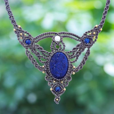 Alternate image for Hand Made Lapis Lazuli and Quartz Macrame Pendant Necklace Boho Sea