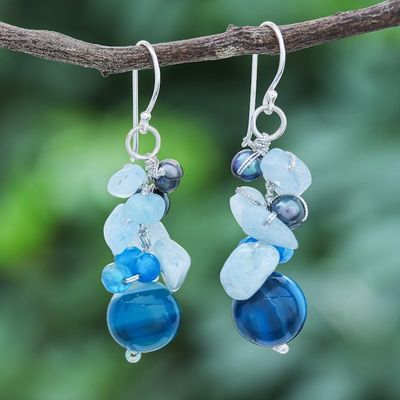 Alternate image for Unique Pearl and Aquamarine Cluster Earrings Blue Love