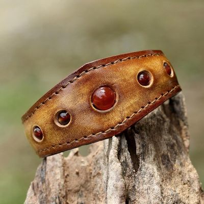 Alternate image for Carnelian Cuff Bracelet in Leather Handmade in Thailand Carnelian Power