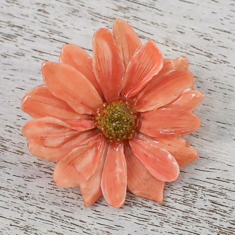 Natural Aster Flower Brooch in Peach from Thailand 'Let It Bloom in Peach'