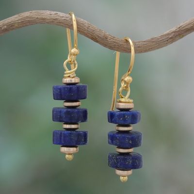 Alternate image for 18k Gold-Plated Dangle Earrings with Lapis Lazuli Beads Blue Bohemian