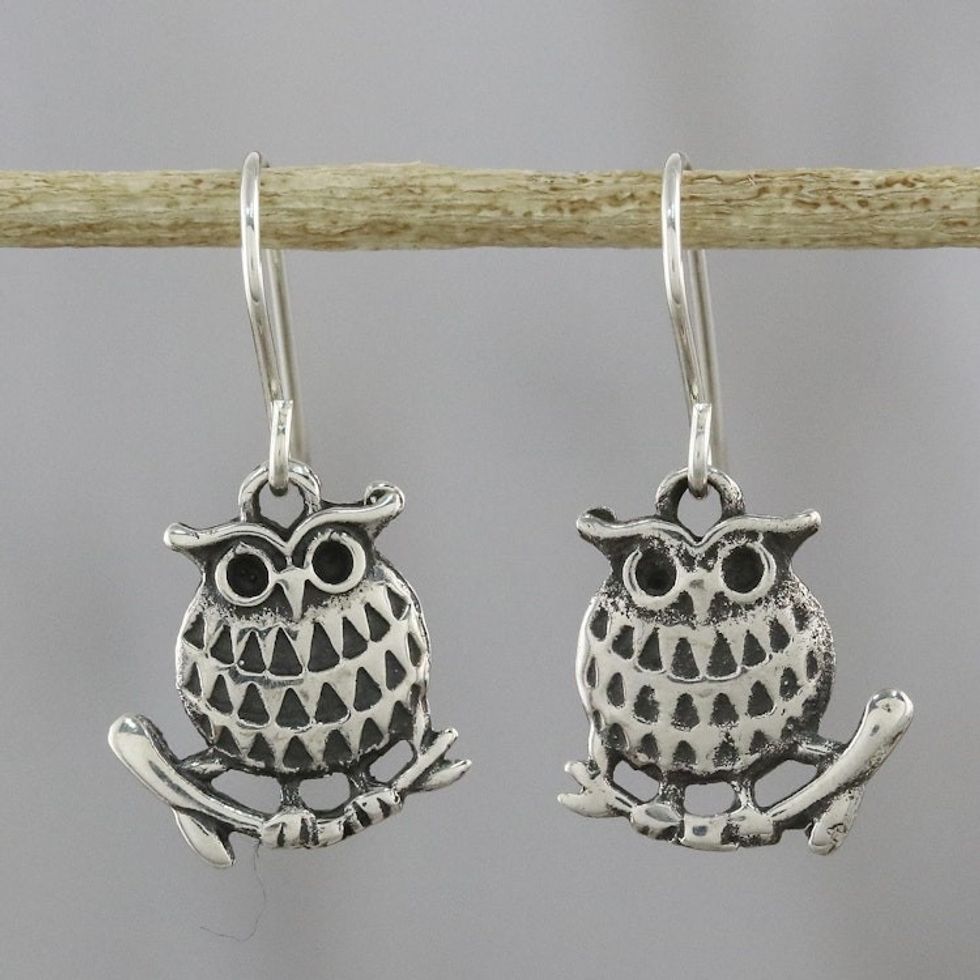 Sterling Silver Perched Owl Dangle Earrings from Thailand 'Chiang Mai Owl'