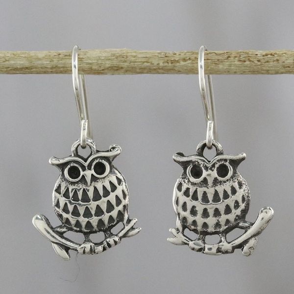 Alternate image for Sterling Silver Perched Owl Dangle Earrings from Thailand Chiang Mai Owl