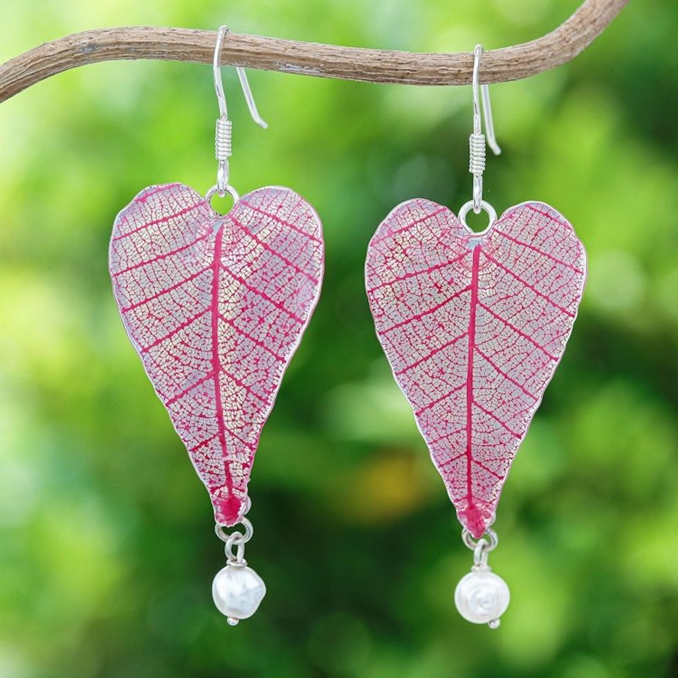 Cultured Pearl and Natural Leaf Dangle Earrings in Red 'Red Heart of Nature'