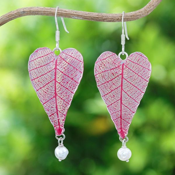 Alternate image for Cultured Pearl and Natural Leaf Dangle Earrings in Red Red Heart of Nature