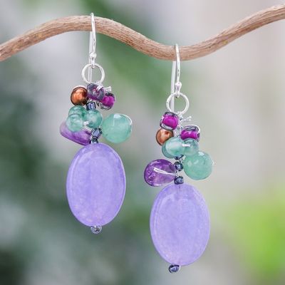 Alternate image for Cluster Dangle Earrings with Amethyst and Cultured Pearls Purple Spring