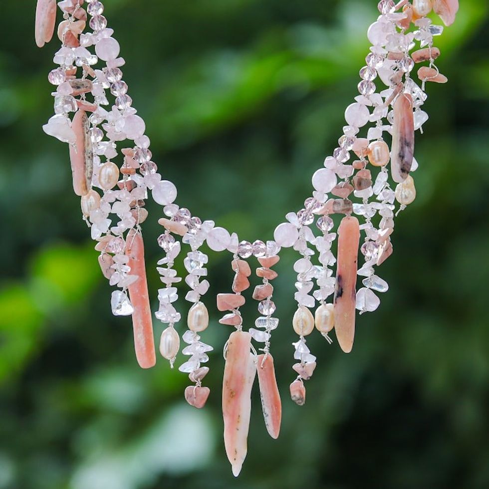 Rose-Toned Multi-Gemstone Waterfall Necklace from Thailand 'Rose Bliss'