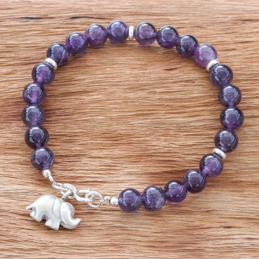 Handmade Amethyst Beaded Bracelet with Elephant Charm 'Wise Grace'