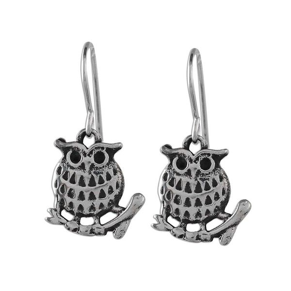 Alternate image for Sterling Silver Perched Owl Dangle Earrings from Thailand Chiang Mai Owl