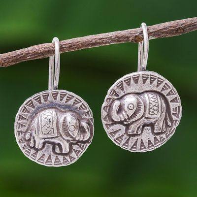Alternate image for Hill Tribe Style 950 Silver Elephant Drop Earrings Elephant Sun