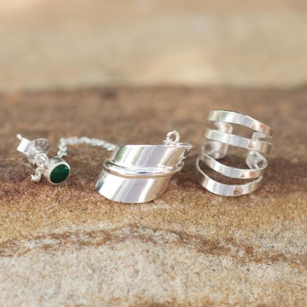 Alternate image for Sterling Silver Ear Cuffs with Chain in Green from Thailand Forest Whisper