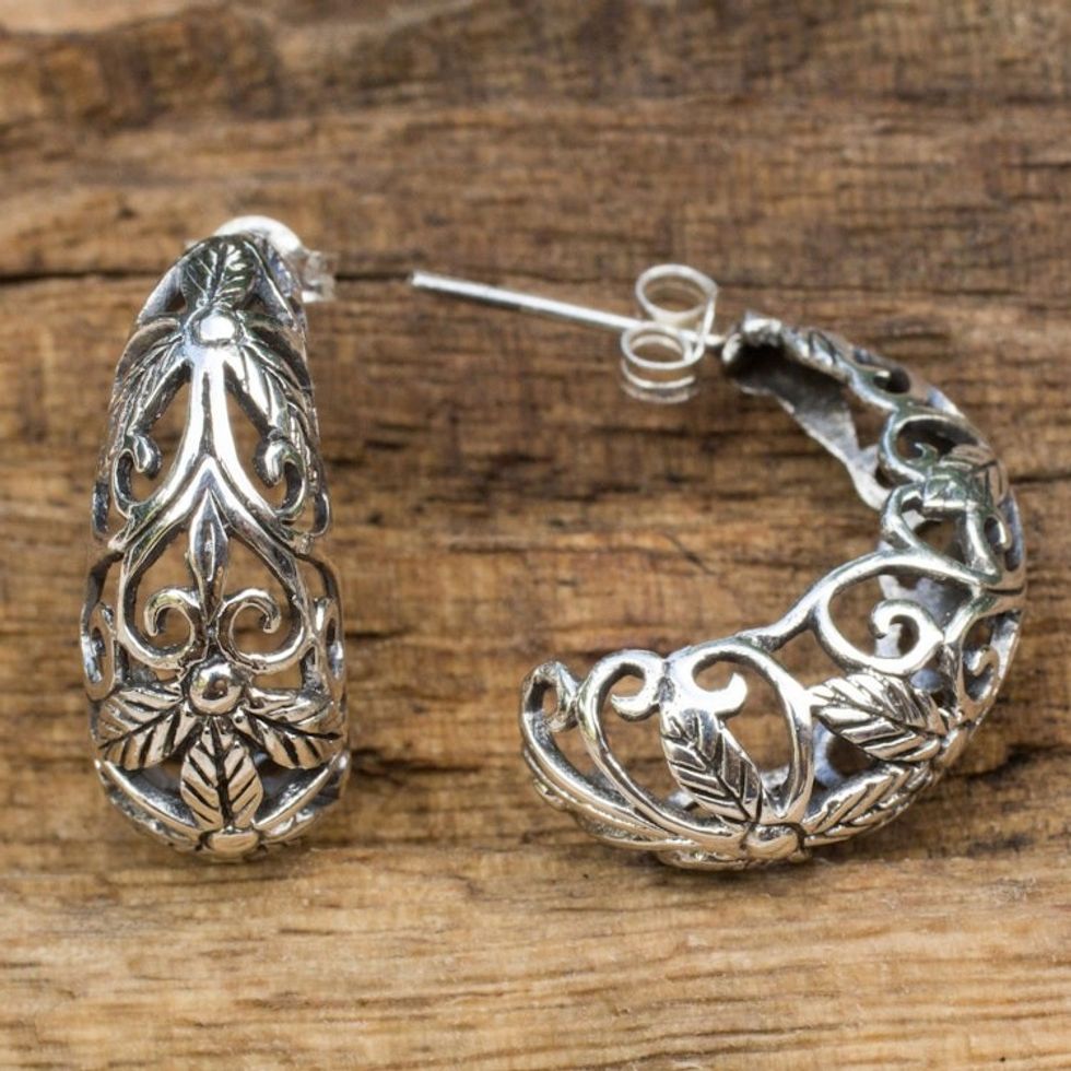 Artisan Crafted Openwork Sterling Silver Half Hoop Earrings 'Floral Fantasy'