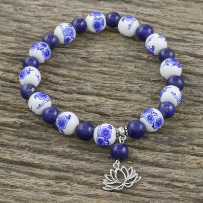 Alternate image for Blue and White Beaded Stretch Bracelet from Thailand Ming Lotus