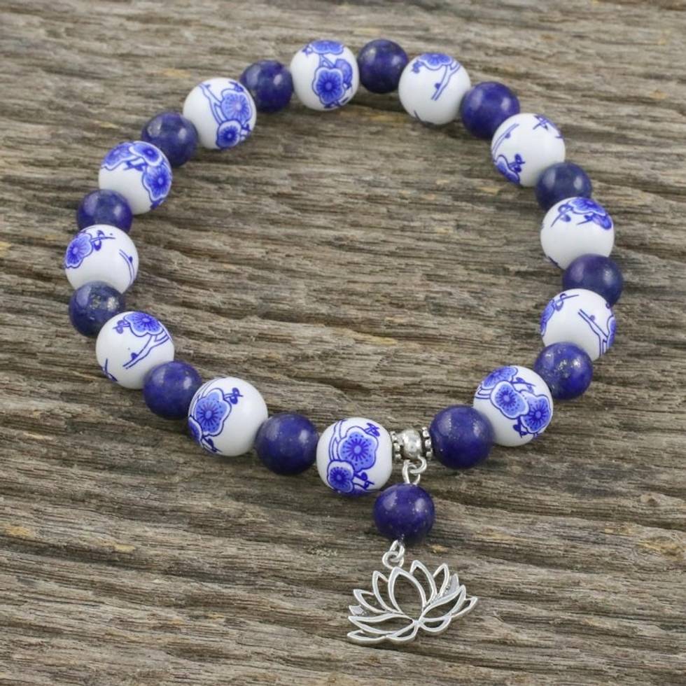 Blue and White Beaded Stretch Bracelet from Thailand 'Ming Lotus'