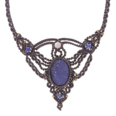 Alternate image for Hand Made Lapis Lazuli and Quartz Macrame Pendant Necklace Boho Sea