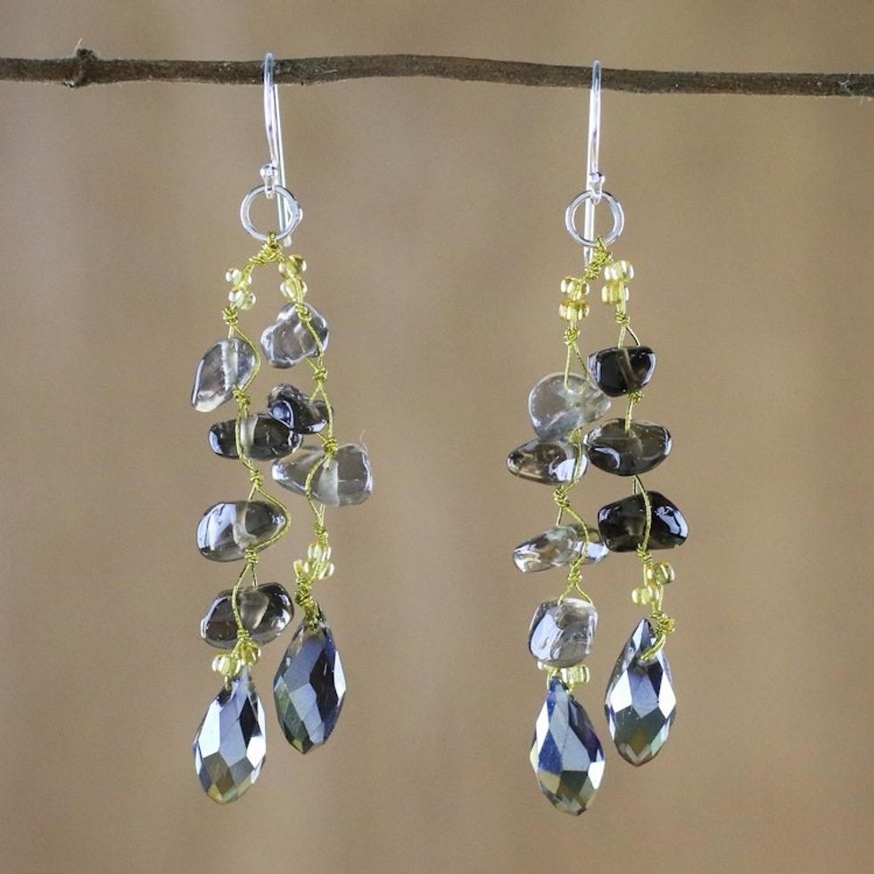 Smoky Quartz and Glass Bead Dangle Earrings from Thailand 'Crystalline Drops'