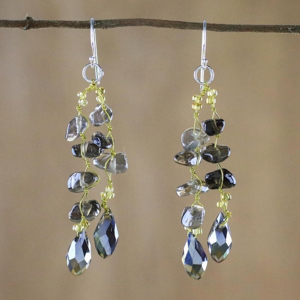 Alternate image for Smoky Quartz and Glass Bead Dangle Earrings from Thailand Crystalline Drops