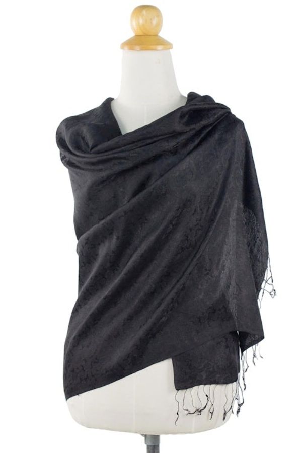 Alternate image for Artisan Crafted Rayon Blend Black Shawl with Floral Motif Mandarin Jet