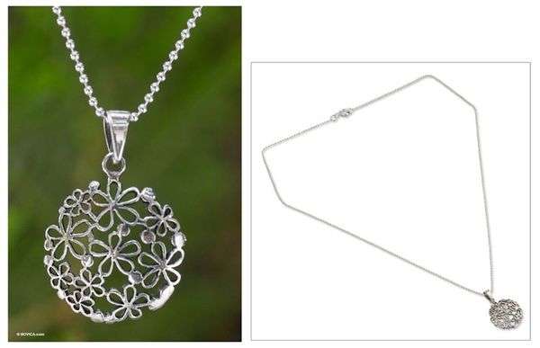 Alternate image for Floral Sterling Silver Pendant Necklace Hydrangea